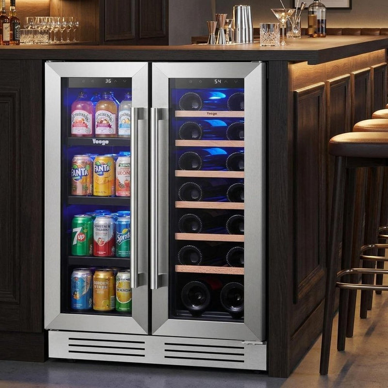 34" X 22" Silver and Black Metal Dual Compartment Wine And Beverage Refrigerator