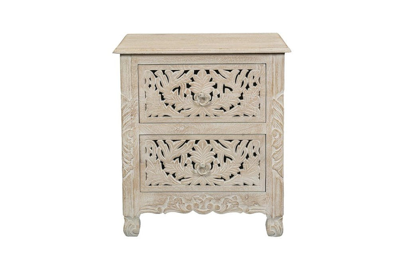 27" Gray Solid Wood Square Distressed Carved Floral Two Drawer Nightstand