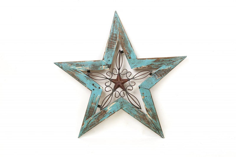 20" X 20" Red And Brown Wood And Iron Star Hanging Dimensional Sculpture