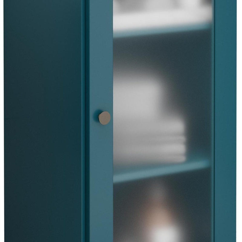 17" Teal Blue Solid Wood Glass Panel Inlay Single Door Linen Cabinet