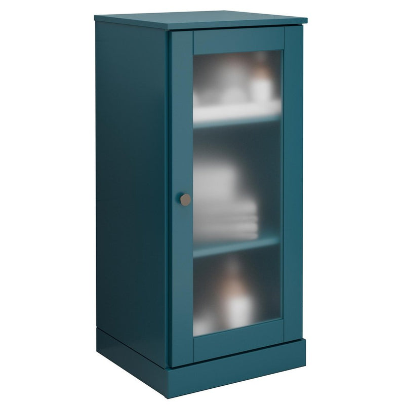 17" Teal Blue Solid Wood Glass Panel Inlay Single Door Linen Cabinet
