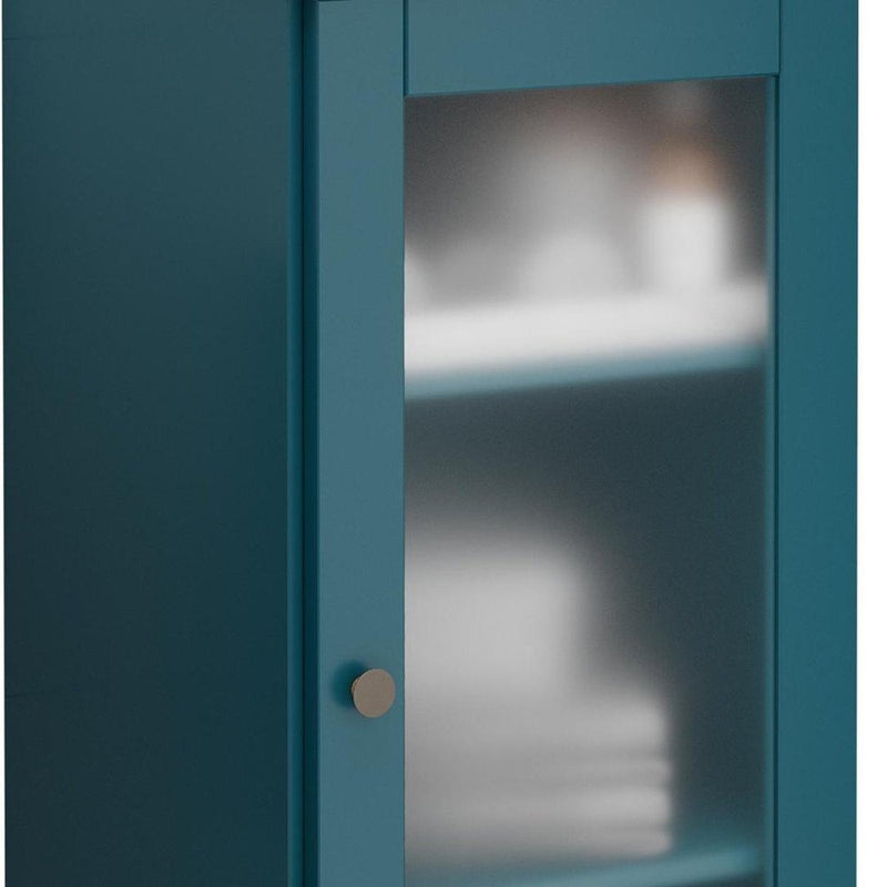 17" Teal Blue Solid Wood Glass Panel Inlay Single Door Linen Cabinet
