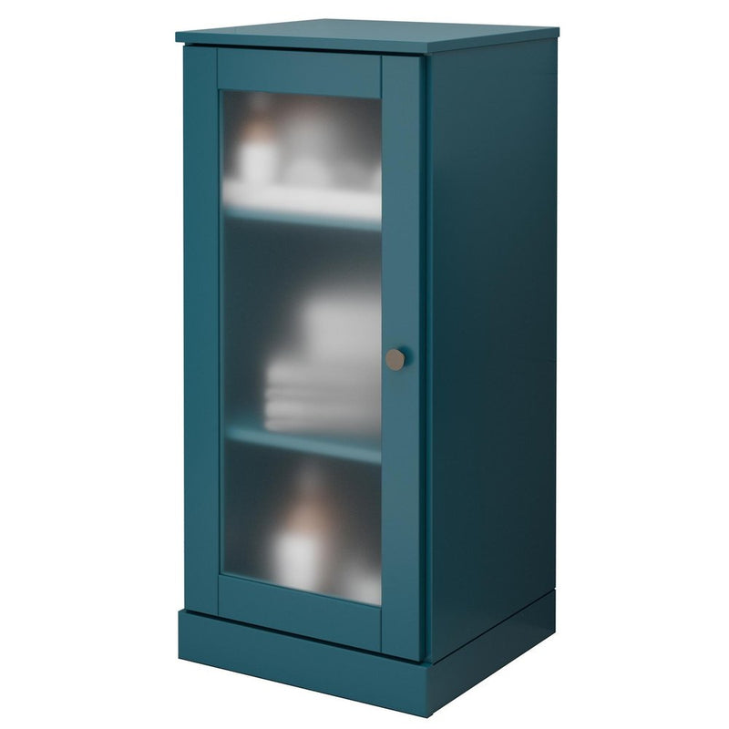 17" Teal Blue Solid Wood Glass Panel Inlay Single Door Linen Cabinet