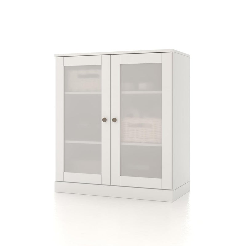 32" White Solid Wood Glass Panel Inlay Double Door Linen Cabinet