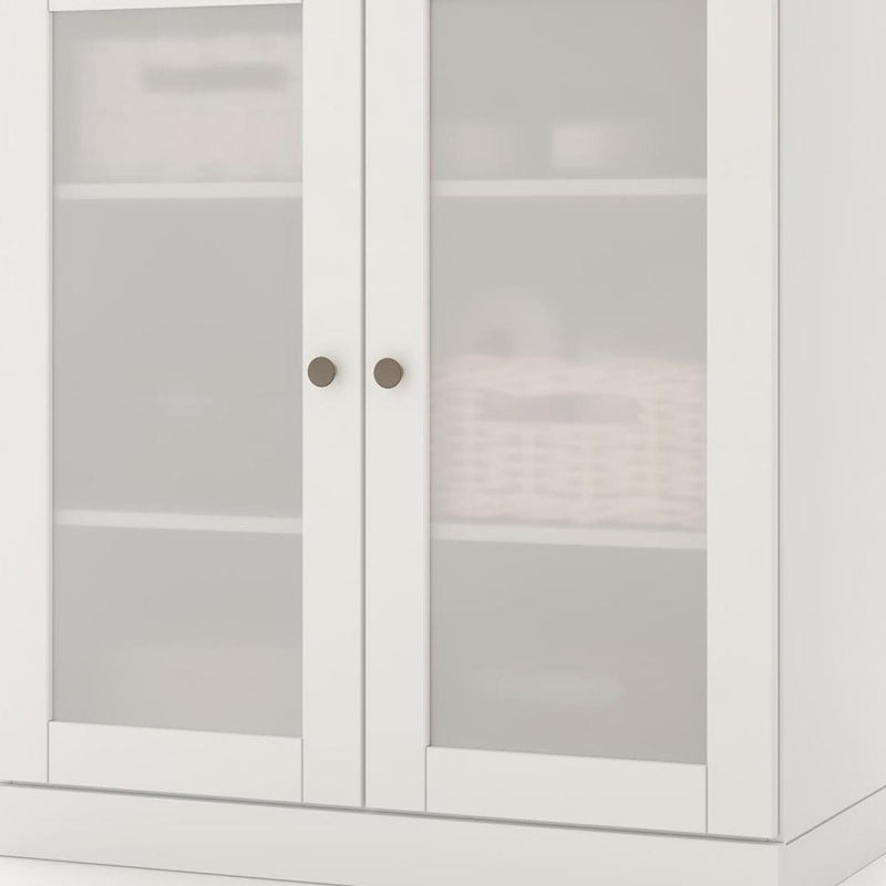 32" White Solid Wood Glass Panel Inlay Double Door Linen Cabinet