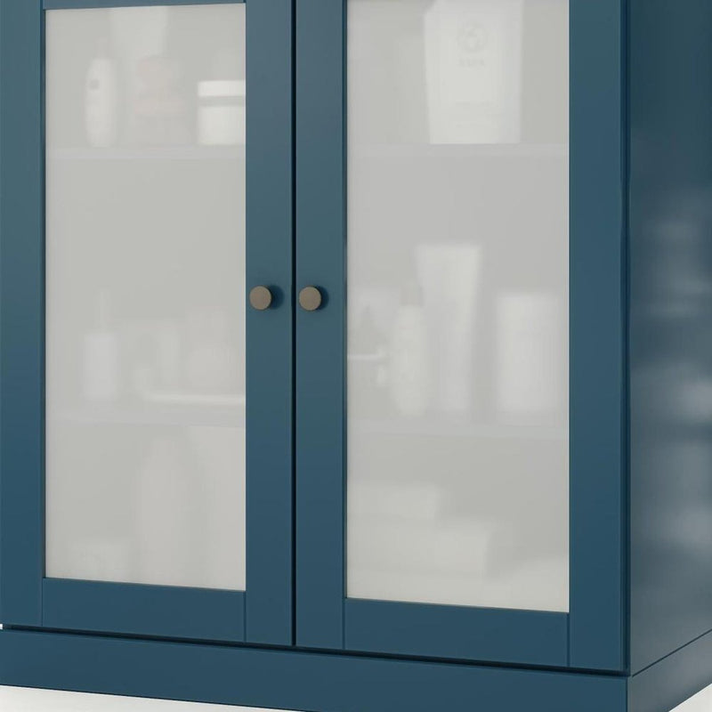 32" Teal Blue Solid Wood Glass Panel Inlay Double Door Linen Cabinet