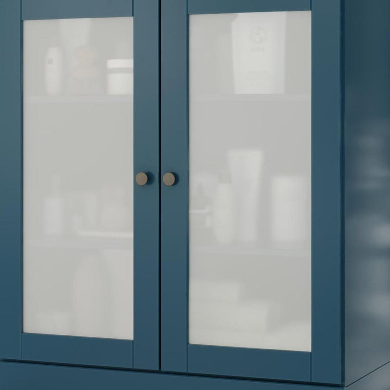 32" Teal Blue Solid Wood Glass Panel Inlay Double Door Linen Cabinet