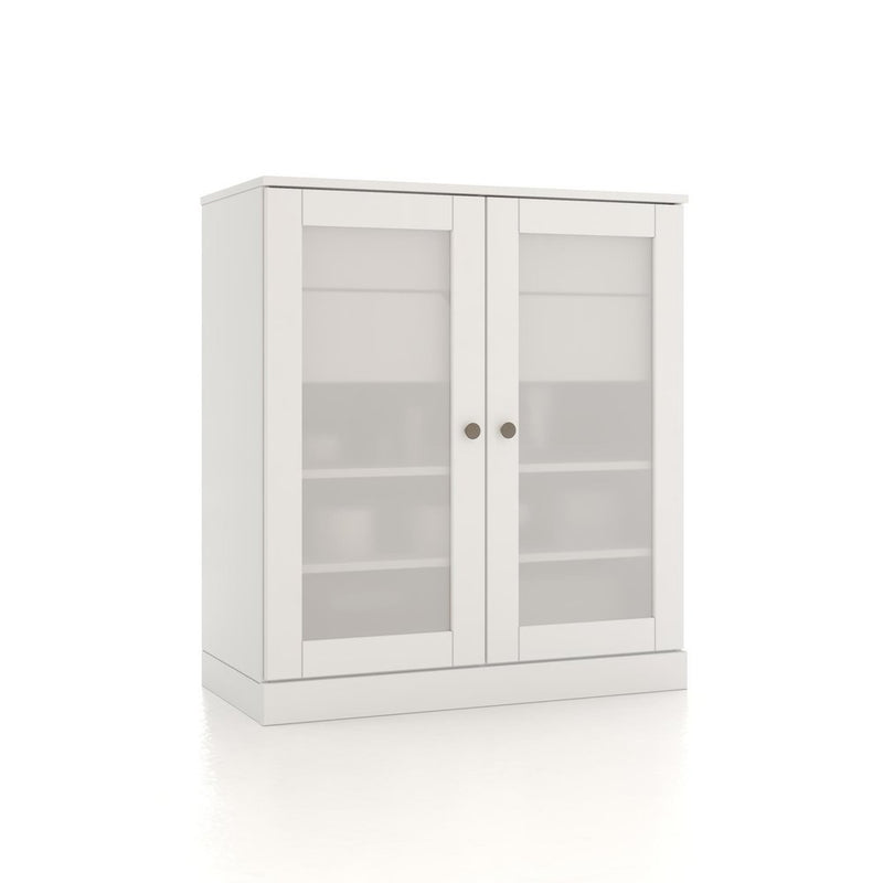 32" White Solid Wood Glass Panel Inlay Double Door Linen Cabinet