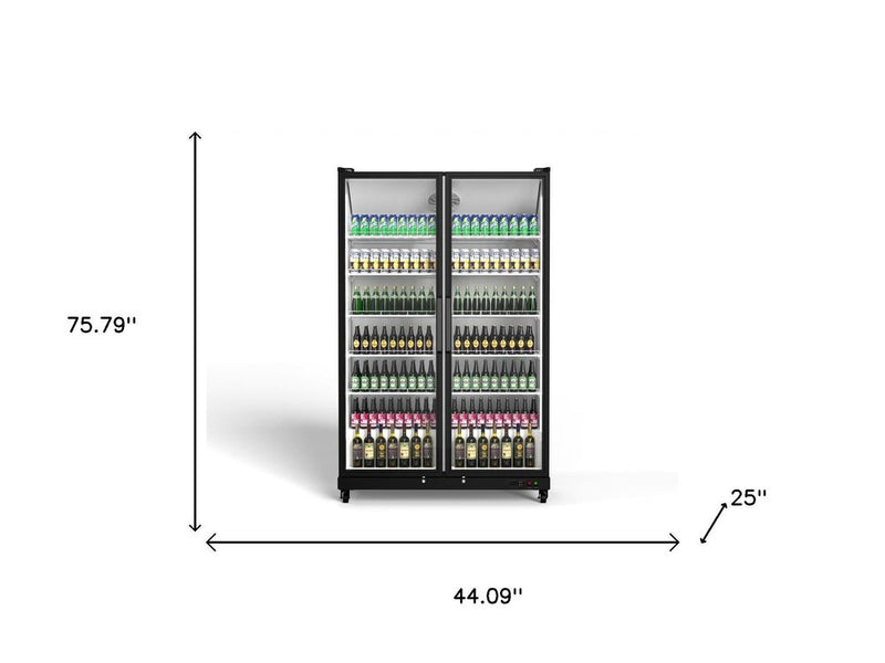 76" X 44" Clear and Black Stainless Steel Double Door Can Beverage Refrigerator