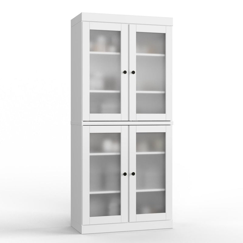 32" White Solid Wood Glass Panel Inlay Double Door Linen Cabinet