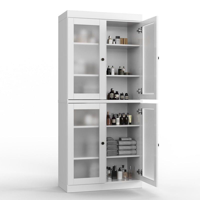 32" White Solid Wood Glass Panel Inlay Double Door Linen Cabinet