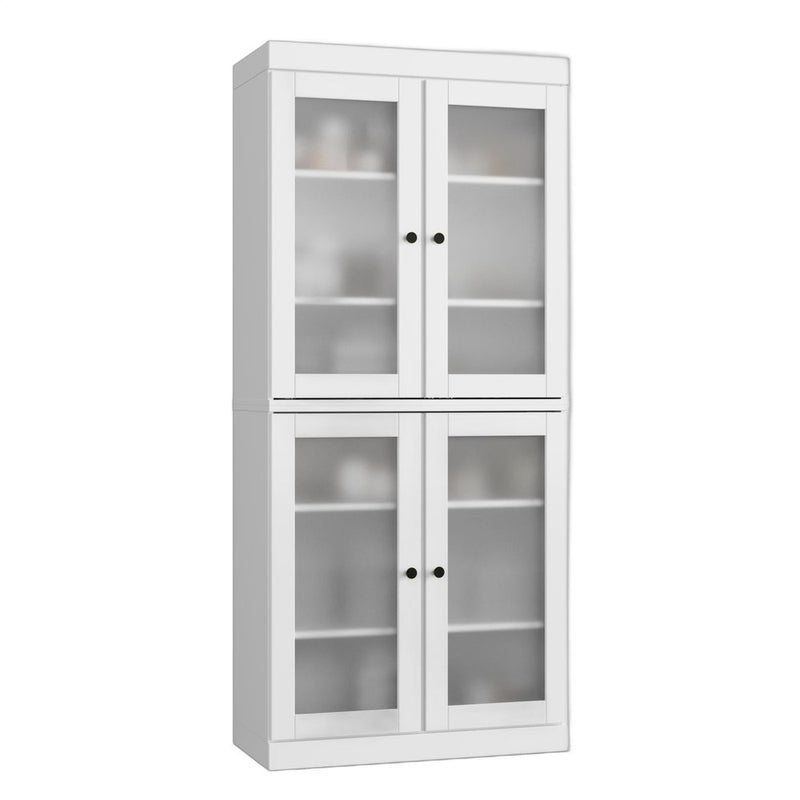 32" White Solid Wood Glass Panel Inlay Double Door Linen Cabinet