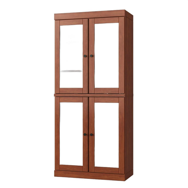 32" Coffee Solid Wood Glass Panel Inlay Double Door Linen Cabinet