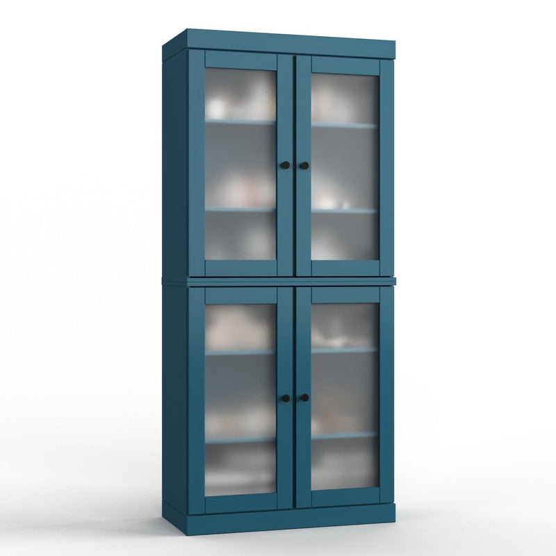 32" Teal Blue Solid Wood Glass Panel Inlay Double Door Linen Cabinet