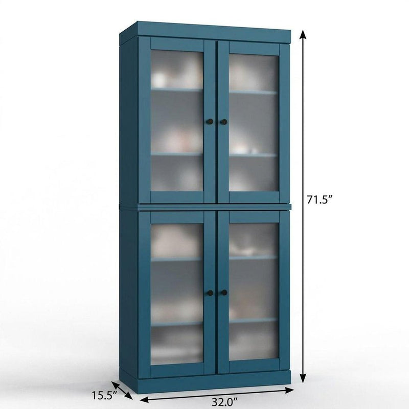 32" Teal Blue Solid Wood Glass Panel Inlay Double Door Linen Cabinet