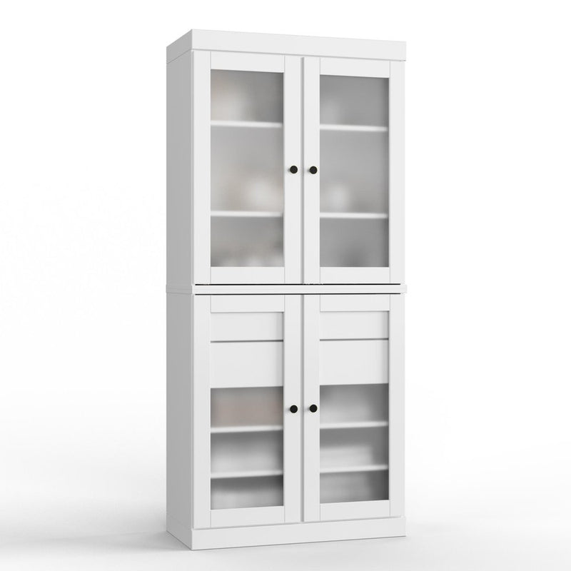 32" White Solid Wood Glass Panel Inlay Double Door Linen Cabinet