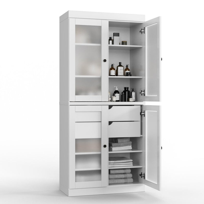 32" White Solid Wood Glass Panel Inlay Double Door Linen Cabinet