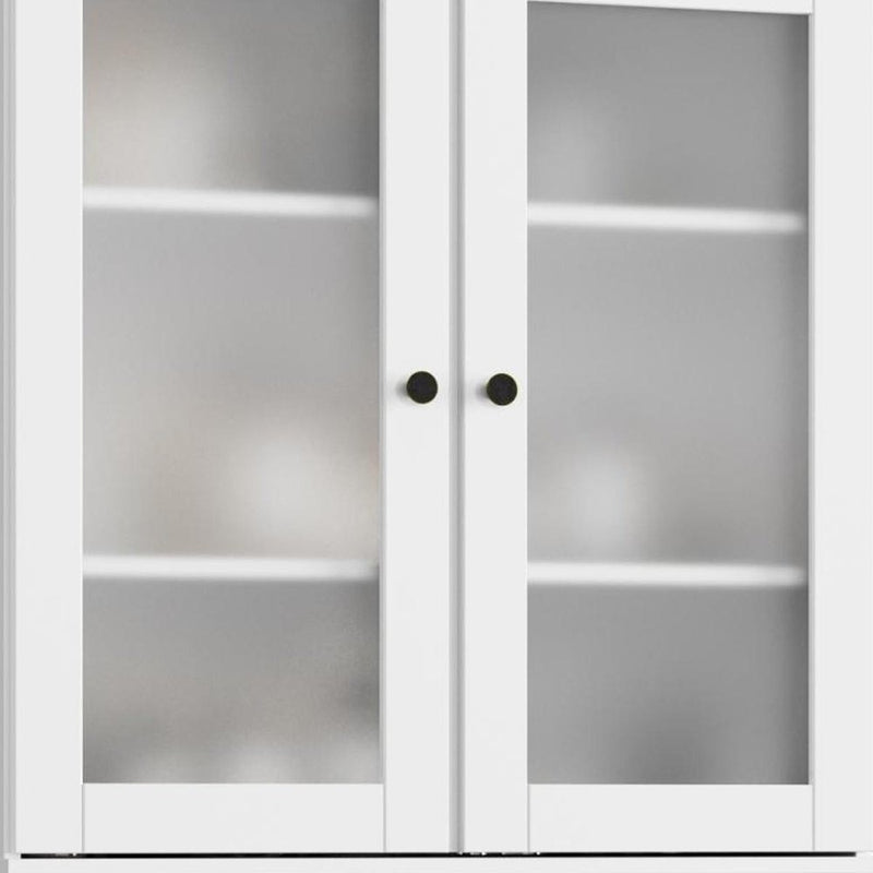 32" White Solid Wood Glass Panel Inlay Double Door Linen Cabinet