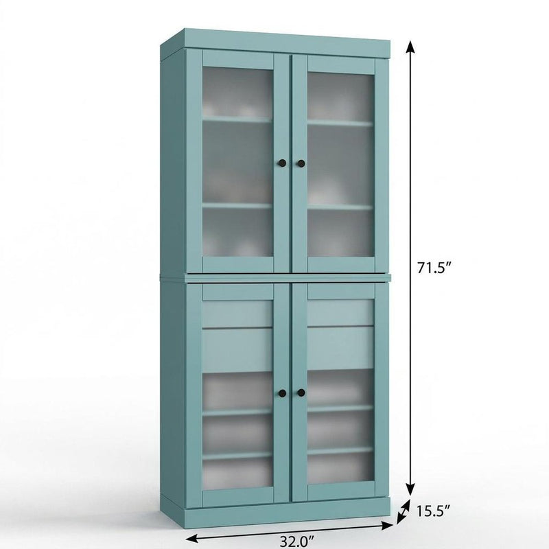 32" Aqua Solid Wood Glass Panel Inlay Double Door Linen Cabinet