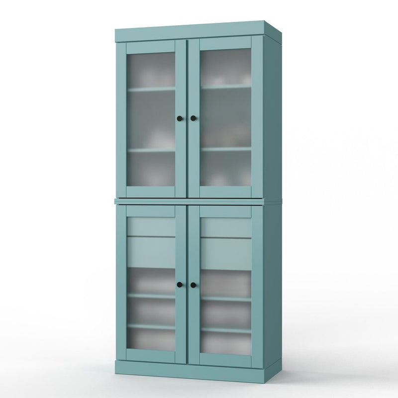 32" Aqua Solid Wood Glass Panel Inlay Double Door Linen Cabinet