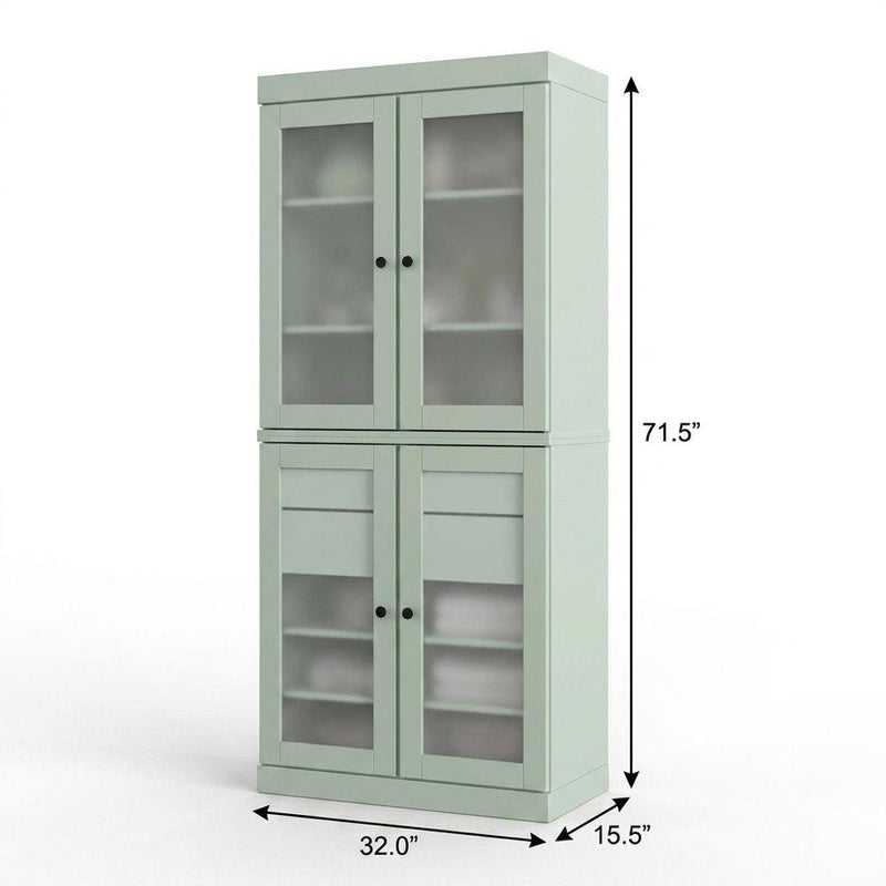 32" Sage Solid Wood Glass Panel Inlay Double Door Linen Cabinet