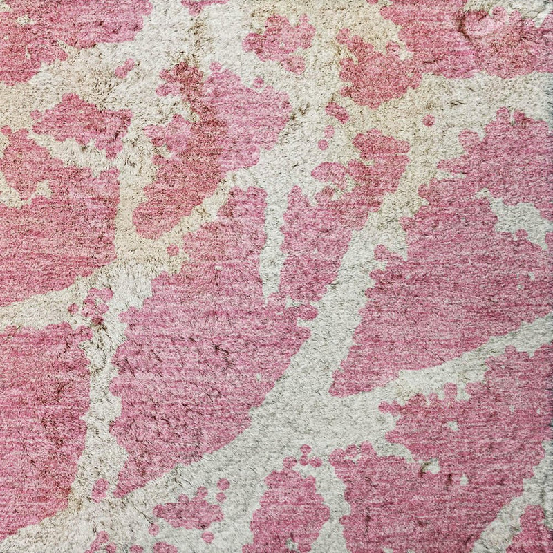 8' Pink And Ivory Geometric Shag Washable Round Rug With UV Protection