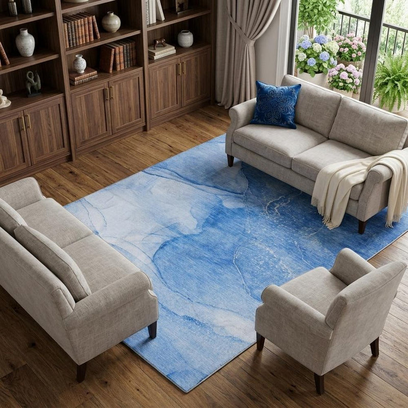 10' X 14' Blue And Denim Blue Abstract Shag Washable Area Rug With UV Protection