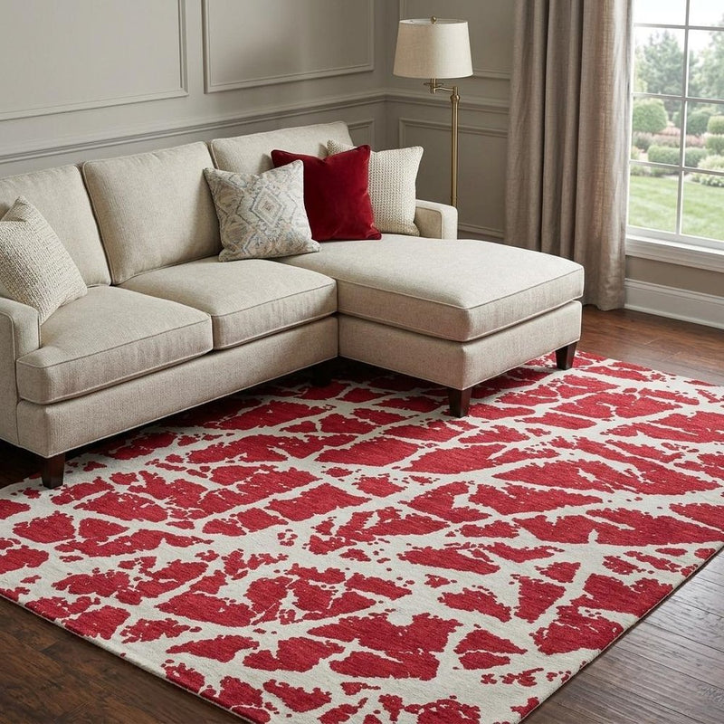 9' X 12' Red And Ivory Geometric Shag Washable Area Rug With UV Protection