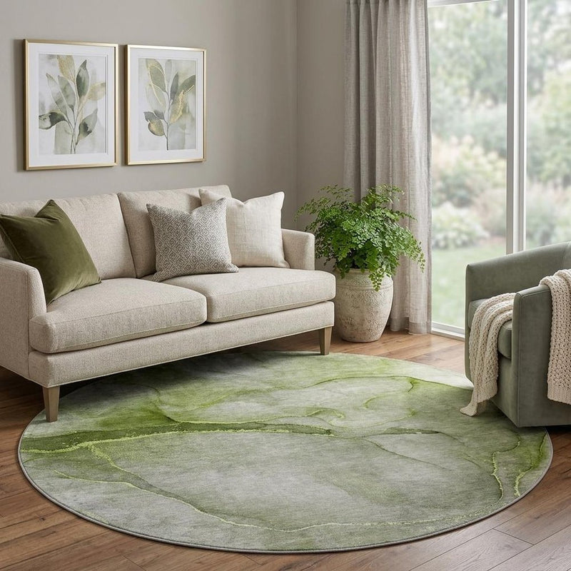 8' Olive Green And Green Abstract Shag Washable Round Rug With UV Protection