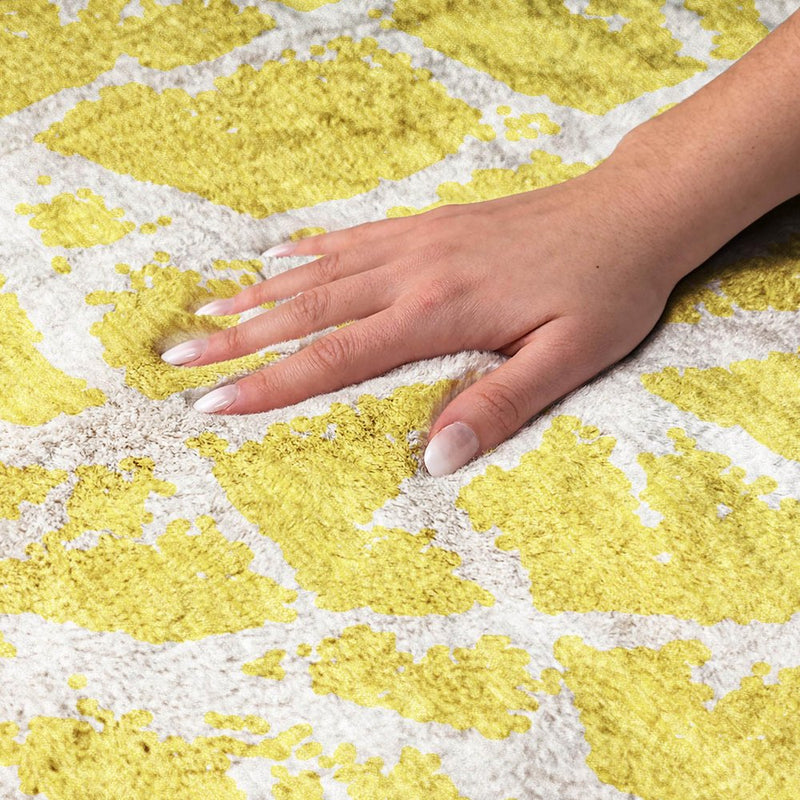 3' X 5' Yellow And Ivory Geometric Shag Washable Area Rug With UV Protection
