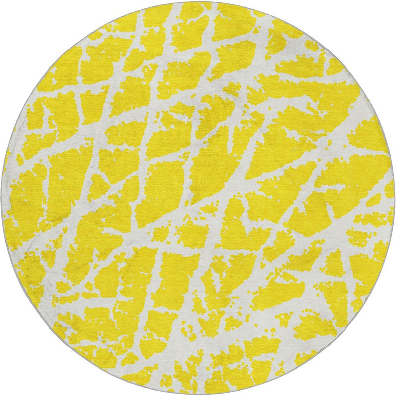 8' Yellow And Ivory Geometric Shag Washable Round Rug With UV Protection