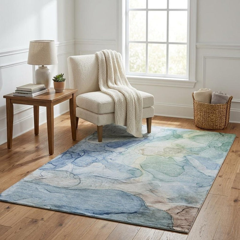 5' X 8' Blue And Teal Abstract Shag Washable Area Rug With UV Protection