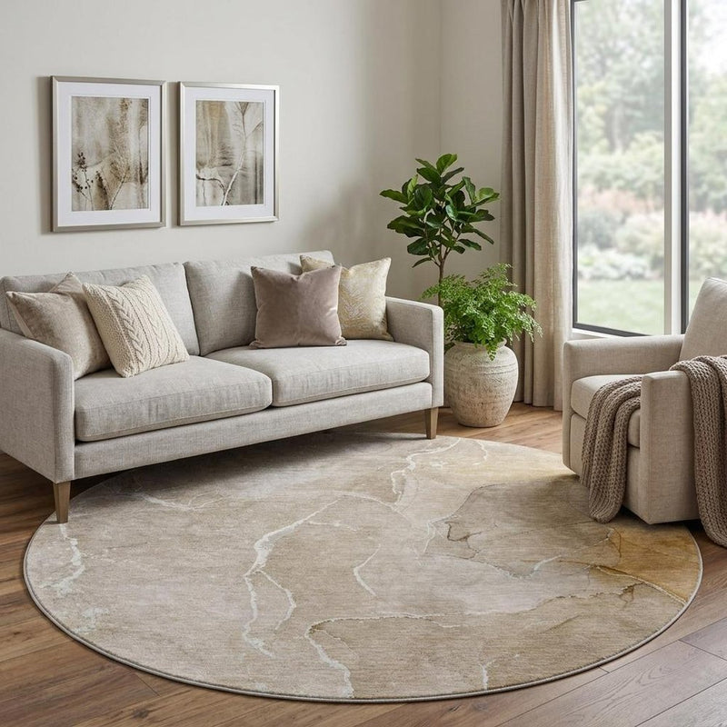 8' Beige And Taupe Abstract Shag Washable Round Rug With UV Protection