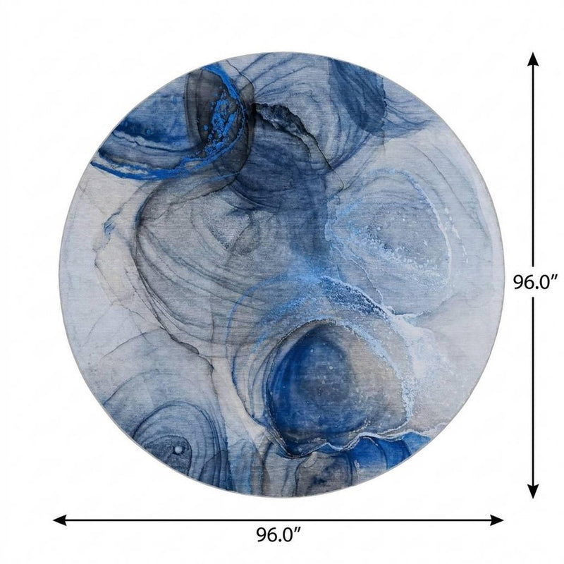 8' Navy Blue And Denim Blue Abstract Shag Washable Round Rug With UV Protection