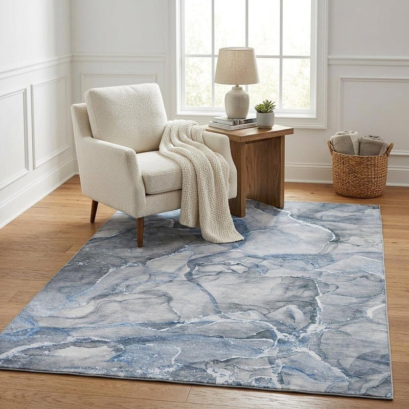 5' X 8' Blue And Gray Abstract Shag Washable Area Rug With UV Protection