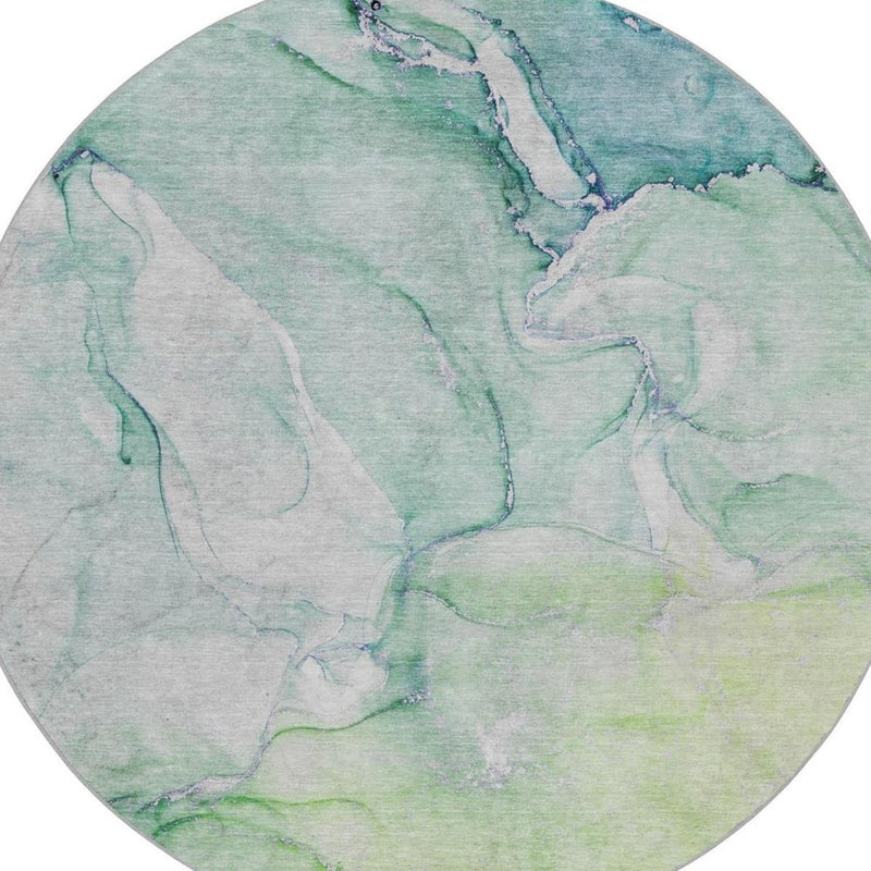 8' Green And Teal Abstract Shag Washable Round Rug With UV Protection