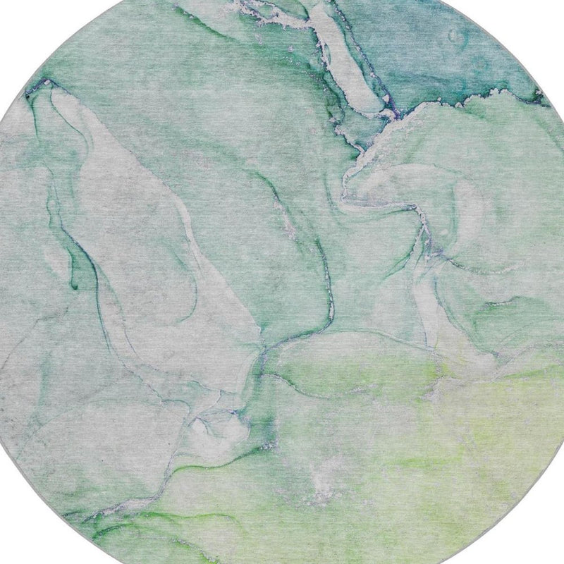 8' Green And Teal Abstract Shag Washable Round Rug With UV Protection