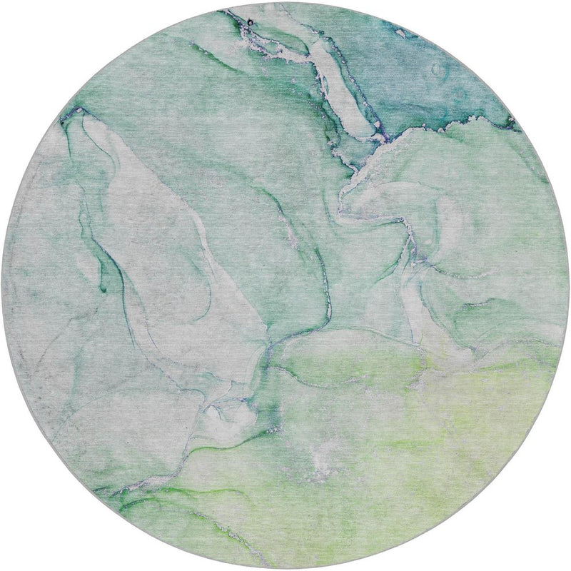 8' Green And Teal Abstract Shag Washable Round Rug With UV Protection