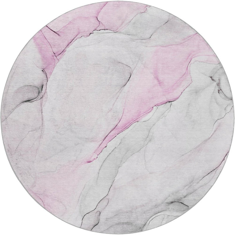 8' Pink And Gray Abstract Shag Washable Round Rug With UV Protection