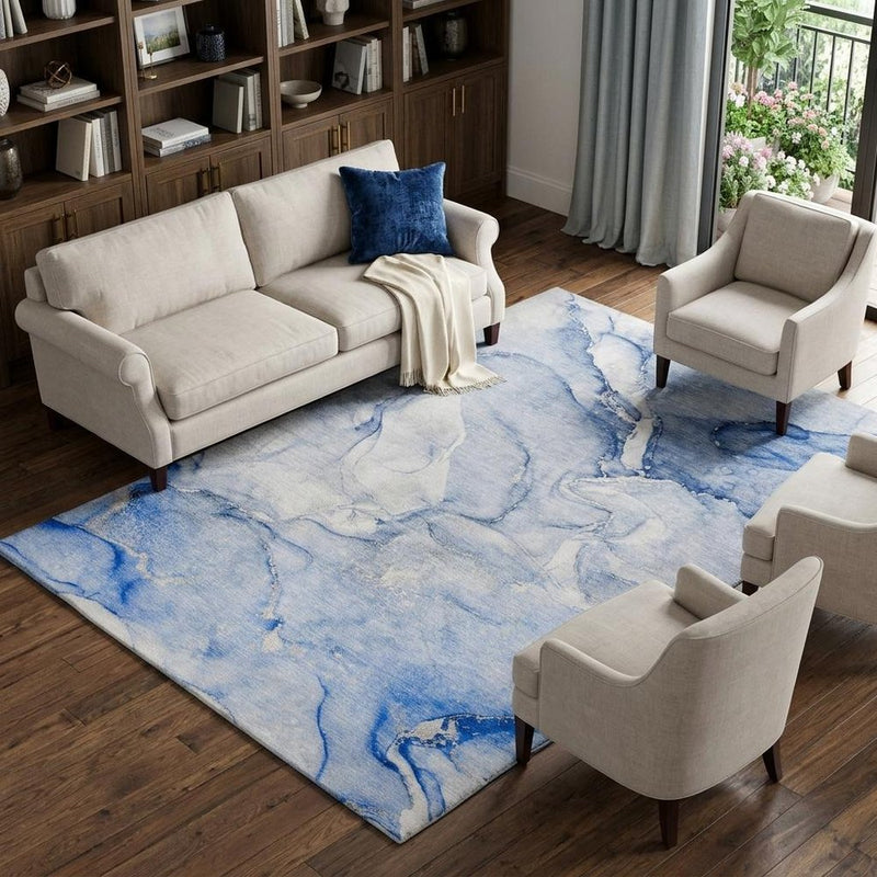 9' X 12' Navy Blue And Blue Abstract Shag Washable Area Rug With UV Protection