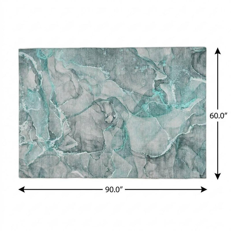 5' X 8' Teal And Gray Abstract Shag Washable Area Rug With UV Protection
