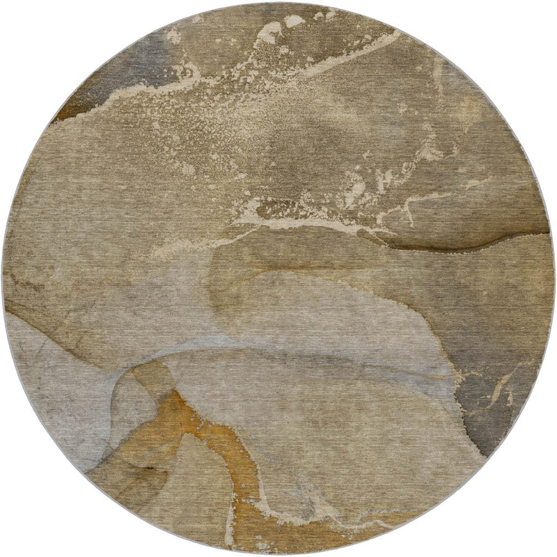 8' Brown And Taupe Abstract Shag Washable Round Rug With UV Protection