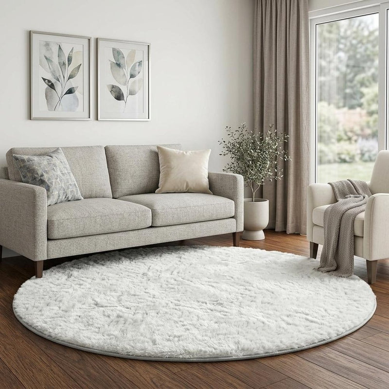 8' Gray And Charcoal Abstract Shag Washable Round Rug With UV Protection