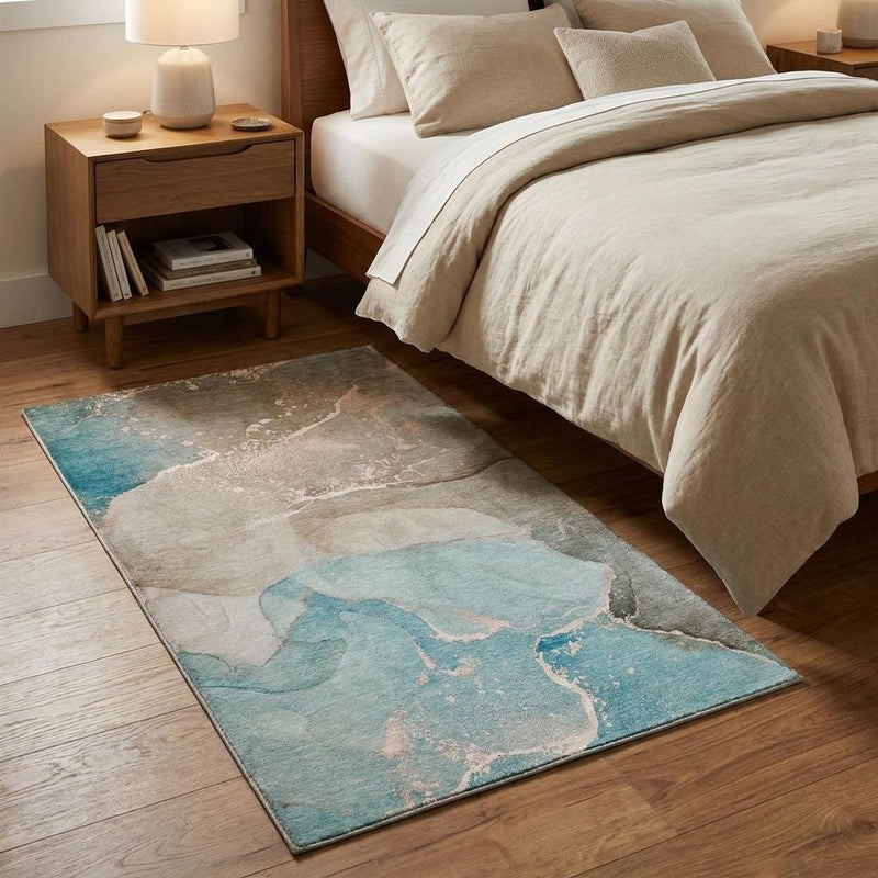 3' X 5' Teal And Taupe Abstract Shag Washable Area Rug With UV Protection