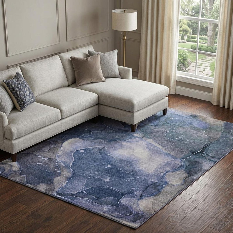 9' X 12' Blue And Navy Blue Abstract Shag Washable Area Rug With UV Protection
