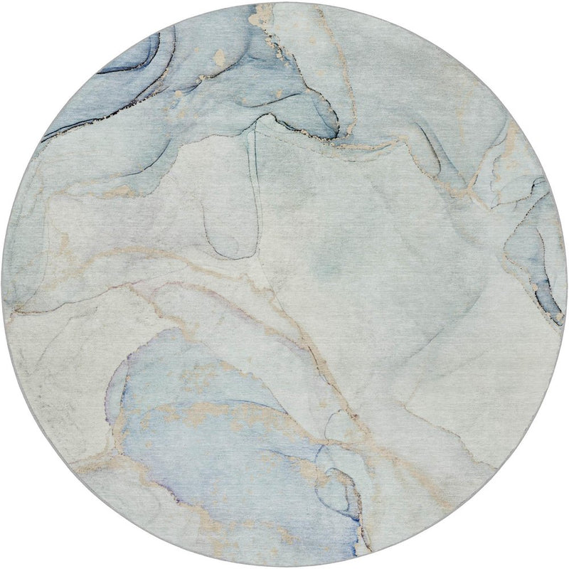 8' Sky Blue And Blue Abstract Shag Washable Round Rug With UV Protection