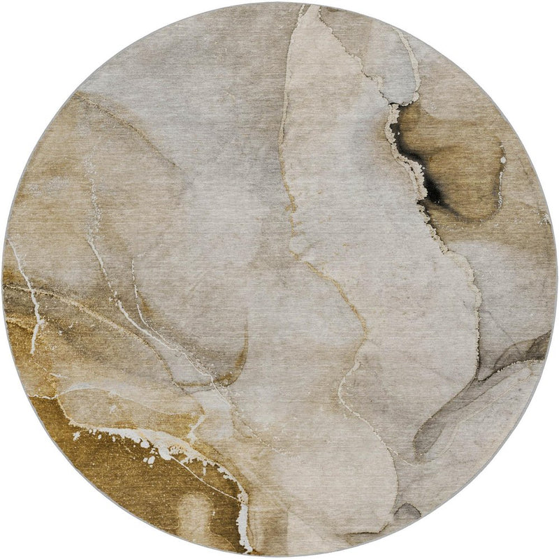 8' Beige And Brown Abstract Shag Washable Round Rug With UV Protection