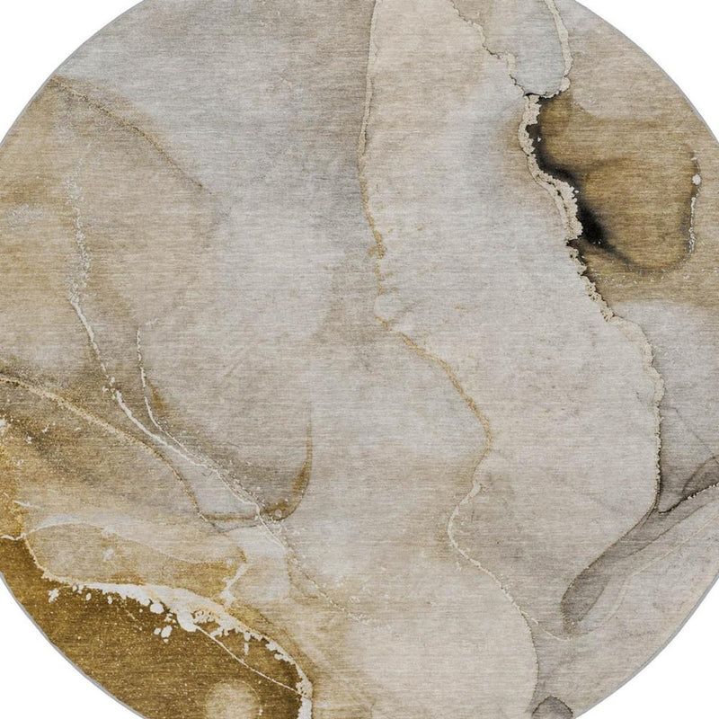 8' Beige And Brown Abstract Shag Washable Round Rug With UV Protection
