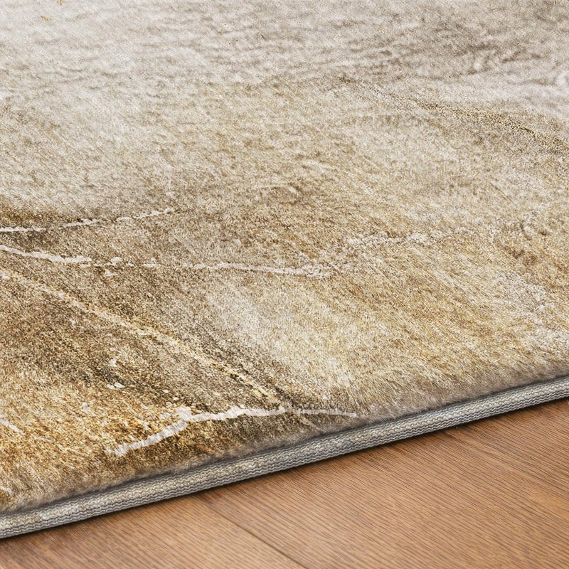 8' Beige And Brown Abstract Shag Washable Round Rug With UV Protection