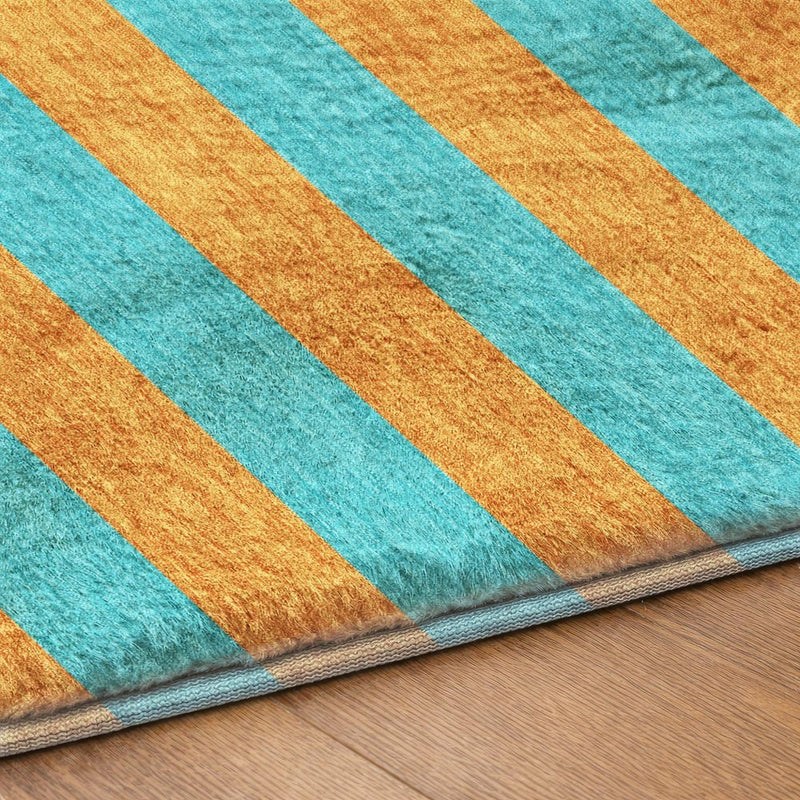 8' Aqua And Orange Striped Shag Washable Round Rug With UV Protection